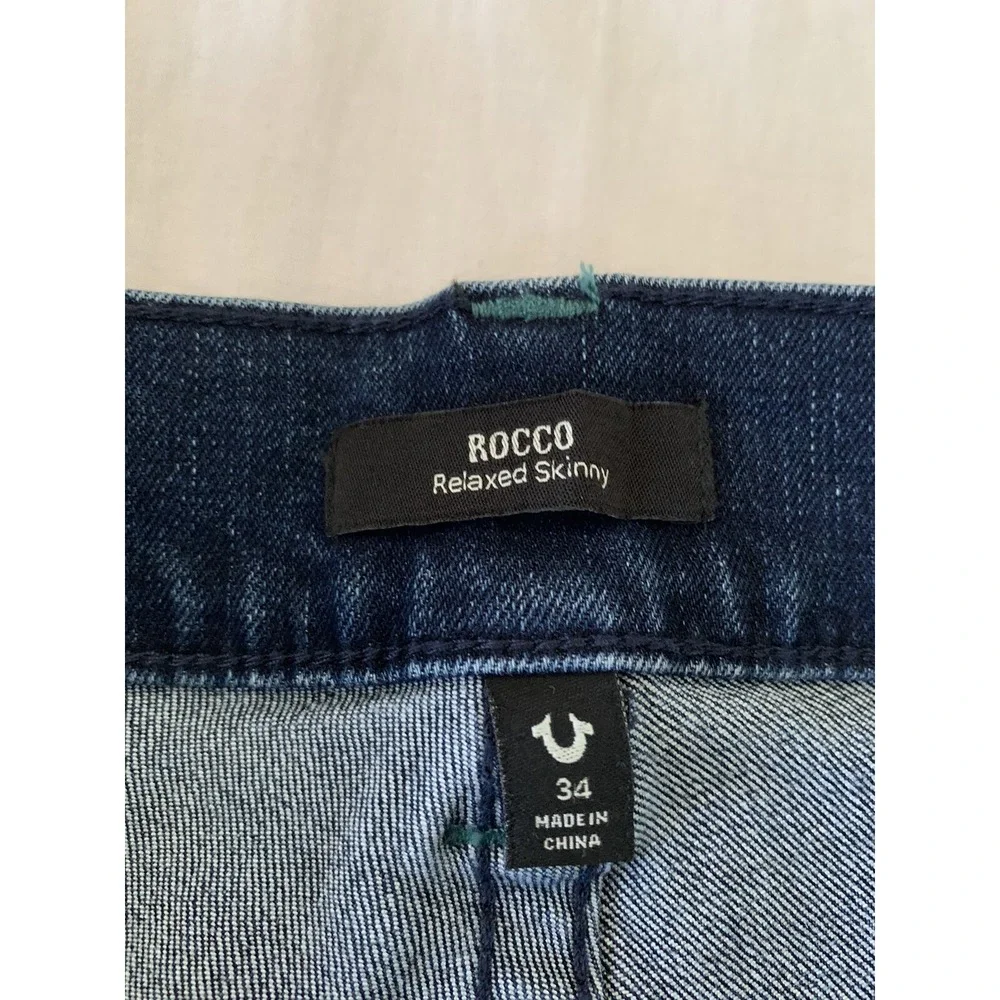 NWT TRUE RELIGION ROCCO RELAXED SKINNY NO FLAP Blue JEANS 34 X 32
